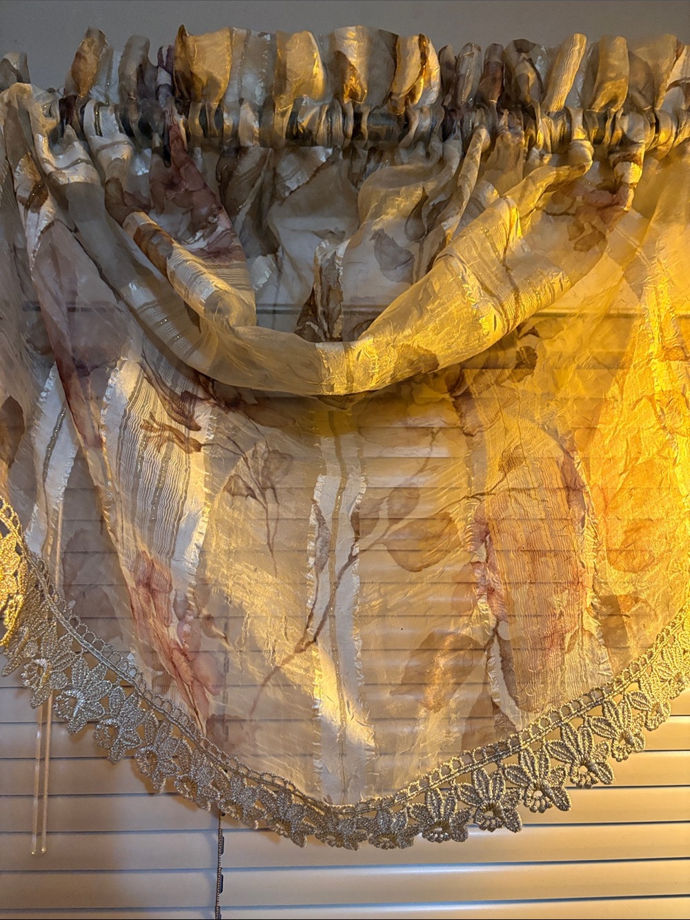 Sheer Floral Scalloped Valance in Soft Gold and Blush Two Valances